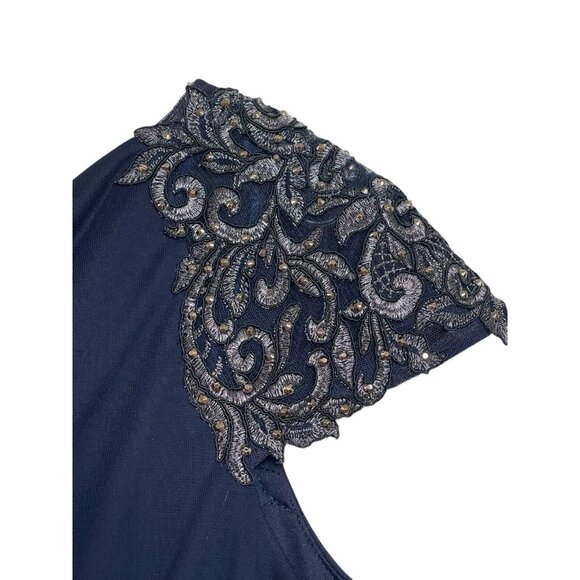 Xscape Dress Womens Size 14 Blue Embroidered Studded Short Sleeve Evening Gown - Picture 7 of 10